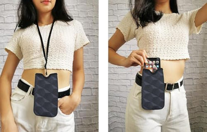 Tainada Neck Phone Holder Pouch w/Belt Loop (Black Geometric Pattern) - color: Black Geometric Pattern