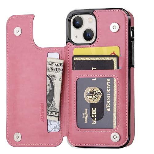 Wallet Case Compatible with iPhone 15,Slim Protective case with Card Holder,Premium PU Leather Kickstand Card Slots with Double Magnetic Clasp for iPhone 15(6.1")-Pink Butterfly - color: Pink