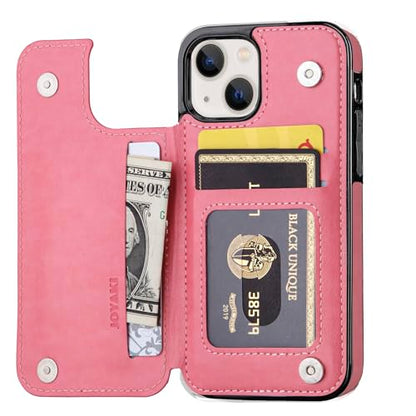 Wallet Case Compatible with iPhone 15,Slim Protective case with Card Holder,Premium PU Leather Kickstand Card Slots with Double Magnetic Clasp for iPhone 15(6.1")-Pink Butterfly - color: Pink