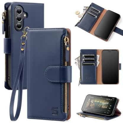 Shieldtop Compatible with Samsung Galaxy A37 5G Wallet Case with Card Holder,PU Leather Phone Case Flip Protective Cover Wrist Strap Zipper Credit Card Slots RFID Blocking Women Men,Blue - color: Blue