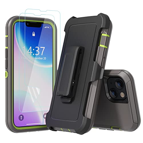 Rugged Phone Case for Apple iPhone 14, with Belt Clip Holster & Kickstand Heavy Duty Shockproof Protective Full Body Case Cover for iPhone 14 6.1 inch Phone (Dark Grey+Green) - color: Dark Grey+Green