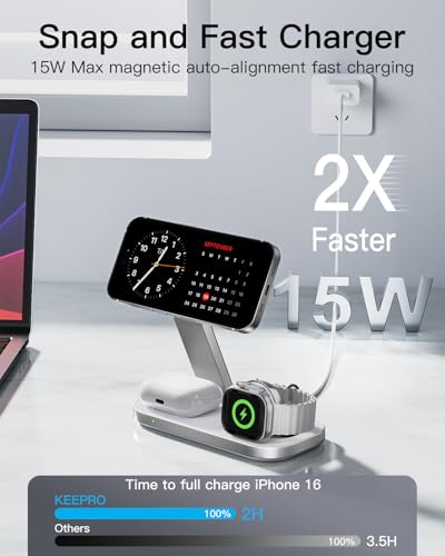 Keepro 3-in-1 Charging Station for Apple Device, Foldable Magnetic Wireless Fast Charger Stand Compatible with MagSafe for iPhone 18/17/16/15/14/13/12/Air/Duo Series, Apple Watch & AirPods-White - color: White