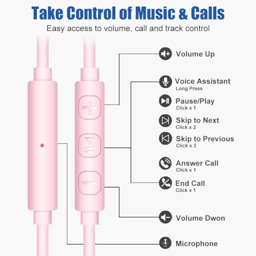 Joysico Wired Over Ear Earbuds Headphones with Mic and Volume Control Pink