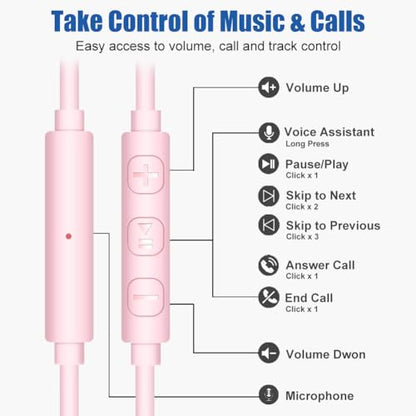 Joysico Wired Over Ear Earbuds Headphones with Mic and Volume Control Pink