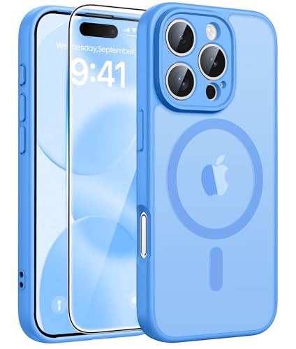 FNTCASE for iPhone 16 Pro Max Case, Fit for Magsafe, Glass Screen Protector | Full Camera Protection, Translucent Matte, 14FT Military Grade Drop Proof, Shockproof Protective Phone Cover, Ice Blue - color: Ice Blue, size: Iphone 16 Pro Max (6.9 Inch)