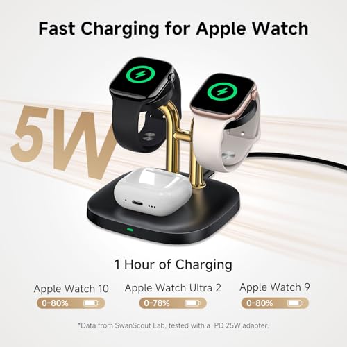 3 in 1 Dual Watch Wireless Charger Stand for Apple Watch Ultra 4/12,AirPods - color: Black & Gold
