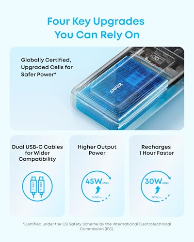 Anker Power Bank,20,000mAh 45W Portable Charger,Dual Built-in USB-C Cables - color: Black, size: Built-in C cable*2