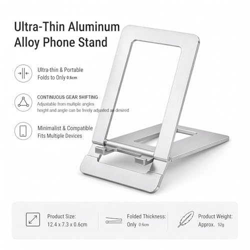 Ultra Slim Aluminum Card Phone Stand, Portable Foldable Pocket Cell Phone Holder, Adjustable Desktop Smartphone Stand for iPhone, Samsung, Android Phones, Travel Home (Silver) - color: Silver
