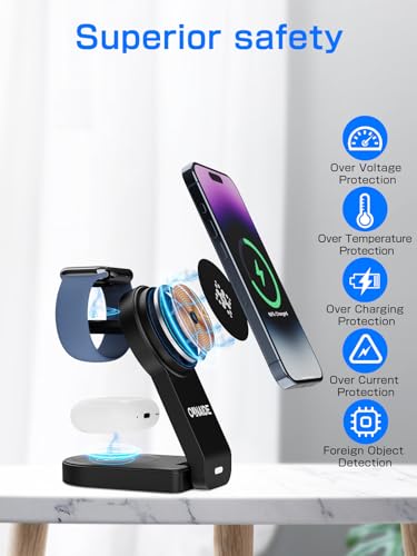 2025 Magnetic 3 in 1 Wireless Charger, Mag-safe Charger Stand Wireless Charging Station for Apple iPhone 16/15/14/13/12 series, for Apple Watch and Airpods, 18W Foldable Fast Charging Dock - Black