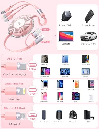 3-in-1 Retractable Multi Charging Cable, 100W Fast Charging USB-C/A to Lightning/USB-C/Micro USB for iPhone 16, 15, 14 Pro Max, Samsung Galaxy, Kindle, Travel Charger for Multiple Devices (Pink)