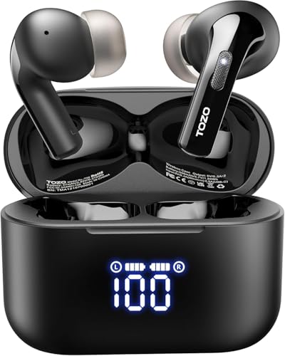 TOZO T20 Wireless Earbuds 97H Playtime, Wireless Charging LED Display Case - color: Black