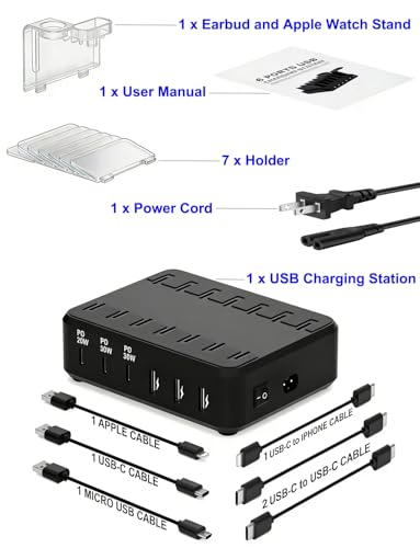 Charging Station for Multiple Devices, 110W 6 Port USB-C Fast Charger Station Dock for iPad iPhone Android Cell Phone Tablet, Family Multi-Device Organizer (6 Short Cables Included)