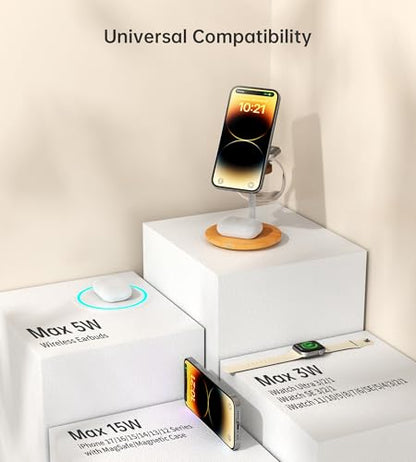 3 in 1 Magnetic Wireless Charging Station for Apple Devices,15W for Magsafe - color: Yellow Woodgrain