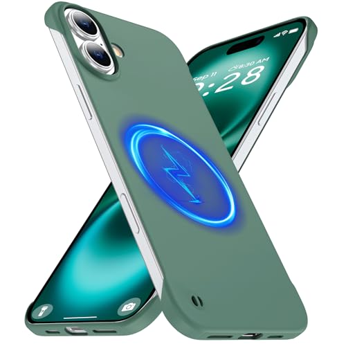 GRECAZO Magnetic Slim Frameless Case for iPhone 16, Dark Green | Compatible with MagSafe, Soft-Touch Matte Hard PC Cover, Ultra Thin Lightweight Minimalist, Pull Ring Lanyard, 6.1 Inch - color: Dark Green, size: iPhone 16