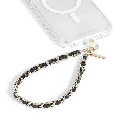 Case-Mate Phone Charm Wrist Strap - Gold Chain/Black Leather | Detachable Anti-Theft Phone Strap - Hands-Free iPhone Wrist Strap for Women - Phone Chain Wristlet for Galaxy, Pixel & More - color: Black Leather