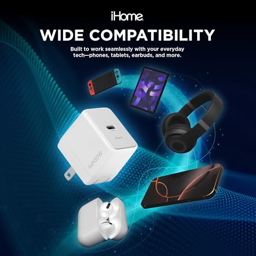 iHome GaN Universal USB-C Charger Block, Power Delivery, Folding Prongs, Compact Travel Design for Phones, Tablets & USB-C Devices (White, 30W) - color: White, size: 30W