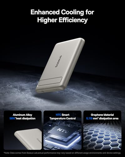 Baseus Picogo Power Bank, Smallest Qi2 Certified 15W MagSafe Portable Charger, 0.5" Ultra Slim 5000mAh Magnetic Battery Pack with Stand, Alloy Wireless Charger for iPhone 17 Pro Max/17 Air/16 Series - color: Natural Titanium