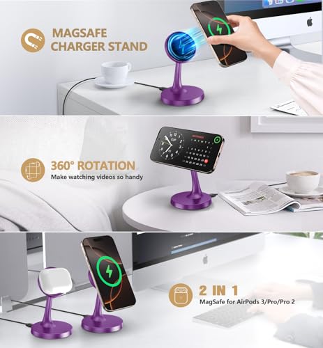 TXXTOL Magnetic Wireless Charger iPhone Stand, 15W Fast Mag-Safe Charger iPhone 17/17 Air/17 Pro/17 Pro Max 16/15/14/13/12 Series Magnet Wireless Charging Station/Pad/AirPods for Home, Office, Travel - color: 1Pack Purple