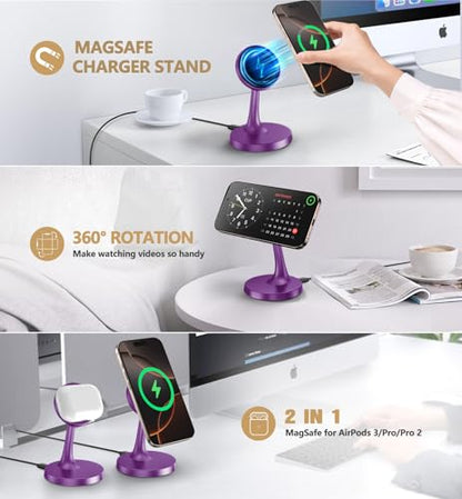 TXXTOL Magnetic Wireless Charger iPhone Stand, 15W Fast Mag-Safe Charger iPhone 17/17 Air/17 Pro/17 Pro Max 16/15/14/13/12 Series Magnet Wireless Charging Station/Pad/AirPods for Home, Office, Travel - color: 1Pack Purple