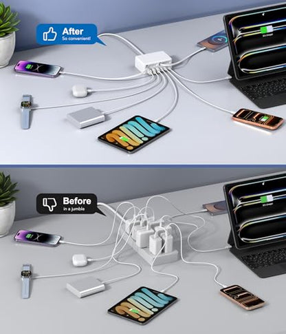 8-in-1 Retractable USB C Charger Charging Station Hub for Multiple Devices - color: White