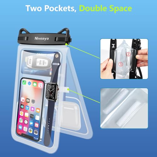 Niveaya Double Space Waterproof Phone Pouch - 2 Pack, Waterproof Phone Lanyard Case with iPhone 17/16/15/14/13 Pro Max up to 8.3", Phone Dry Bags for Vacation Beach Pool Kayak Cruise Travel Essentials - color: Clear+ Clear, size: Medium 8.3"