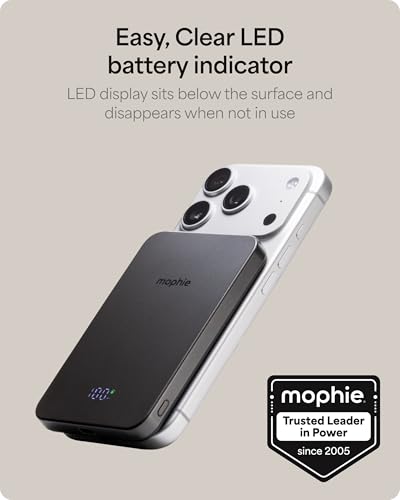 Mophie Powerstation Prime Wireless 5K Power Bank - Magnetic Wireless Portable Charger 5,000mAh Internal Battery External Battery Pack Slim Profile Travel Power Bank with Hidden Digital Display - Gray