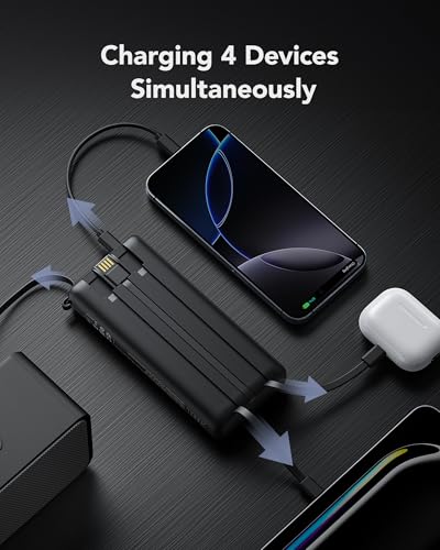VRURC Portable Charger 20000mAh, Built-in Cables Fast Charging Power Bank, PD QC 3.0 Travel Essentials Battery Pack, 4 Output & 2 Input Phone Charger for iPhone, Samsung, Android - color: Black