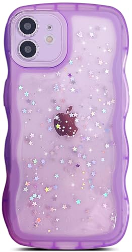 Qokey for iPhone 11 Case 6.1 inch Curly Wave Design Edge Transparent Bling Glitter Star Shiny Cute Clear Transparent Full Protection Soft TPU Shockproof Phone Cover for Women Girls,Purple - color: Purple, size: for iPhone 11