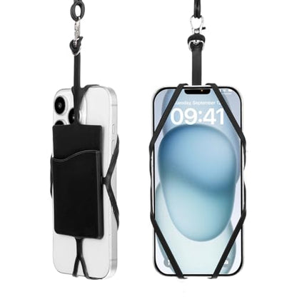2Pcs Cell Phone Lanyard Crossbody Adjustable Neck Phone Holder with Card Pocket, Universal Silicone Neck Strap - color: Black