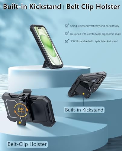 FNTCASE for iPhone 15 Case with Belt Clip and Built-in Screen Protector | Rugged Kickstand, 20FT Military-Grade Drop Protection, Full Body Heavy Duty Shockproof Holster, Hard Protective Cover - color: Black