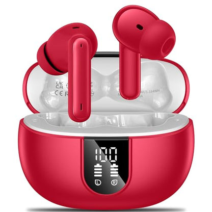 Wireless Earbuds, 2024 Wireless Headphones HiFi Stereo Earphones with 4 ENC Noise Canceling Mic, 42Hs Playtime In Ear Earbud, Bluetooth 5.3 Sport Earphones with LED Power Display for Android iOS Red - color: Red