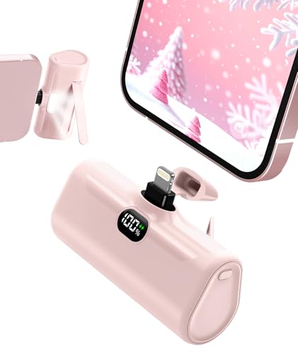 Pink Small Portable Charger for Lightning Builtin Metal Stand Lightweight Power Bank 5000mah With Digital Display Mini External Battery Pack for iPhone 14/13/13pro/13pro max/12/11/XR/6/6s/iPad/SE - color: Pink