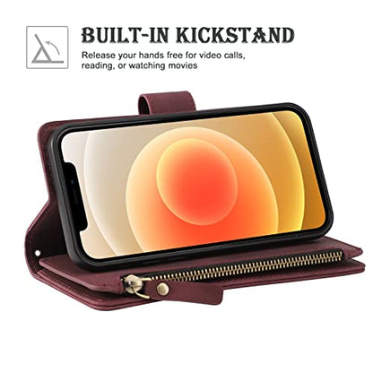 RANYOK Wallet Case Compatible with iPhone 13/14 (6.1 inch), Premium PU Leather Zipper Flip Folio Wallet RFID Blocking with Wrist Strap Magnetic Closure Built-in Kickstand Protective Case (Wine Red) - color: Wine Red