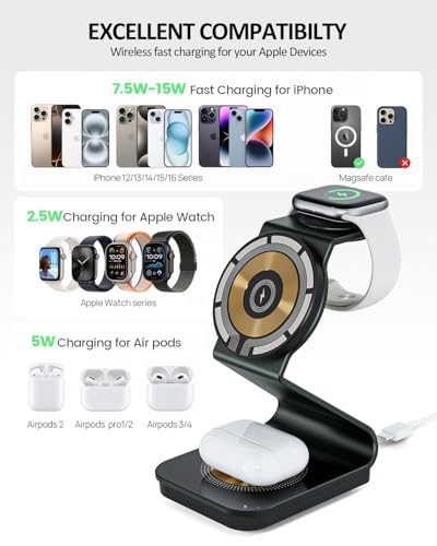 Wireless Cell Phone Charger Station 3 in 1, Magnetic Wireless Fast Phone Charger Dock Stand for iPhone 16/15/14/13/12/Apple Watch/AirPods Pro, 15W USB-C iPhone Wireless Charger, Black