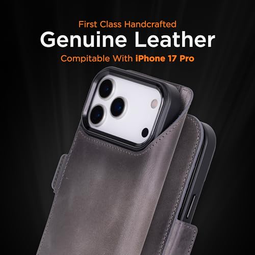 Bayelon Leather Folio Case for iPhone 17 Pro 6.3", Flip Cover Card Holder, Genuine Leather Case, Folio Wallet Case, MagSafe Compatible Shockproof Flip Cover, Rfid Blocking -Smoked Black - color: Smoked Black, size: iPhone 17 Pro
