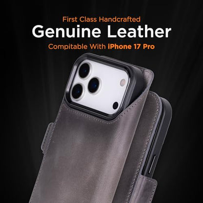 Bayelon Leather Folio Case for iPhone 17 Pro 6.3", Flip Cover Card Holder, Genuine Leather Case, Folio Wallet Case, MagSafe Compatible Shockproof Flip Cover, Rfid Blocking -Smoked Black - color: Smoked Black, size: iPhone 17 Pro