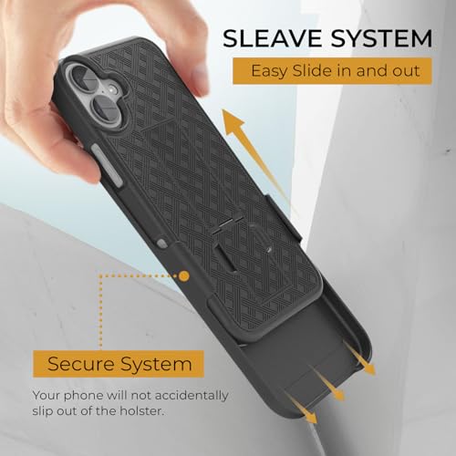MOTIVE for iPhone 16 Case with Belt Clip, Rigid, Kickstand | 6.1" | Ranger v1 Series, Black, 360° holster, open-top/open-bottom port access, textured grip, slim - size: iPhone 16