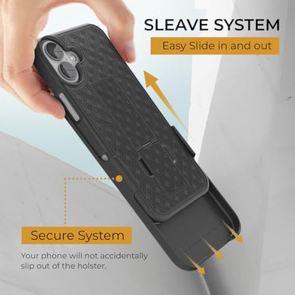MOTIVE for iPhone 16 Plus Case with Belt Clip, Rigid, Kickstand | 6.7" | Ranger v1 Series, Black, 360° holster, open-top/open-bottom port access, textured grip, slim - size: iPhone 16 Plus