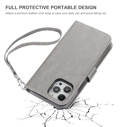 Bocasal Detachable Wallet Case Card Holder for iPhone 13 Pro Max Grey | RFID Blocking Kickstand Card Slots Holder PU Leather Magnetic Shockproof Wrist Strap Removable Flip Protective Cover 6.7 inch - color: Gray