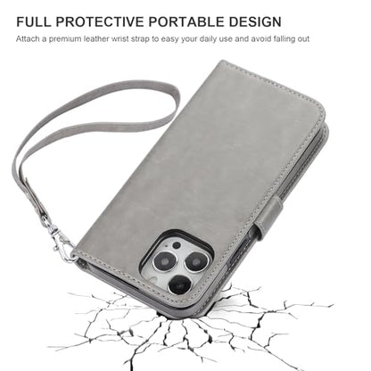 Bocasal Detachable Wallet Case Card Holder for iPhone 13 Pro Max Grey | RFID Blocking Kickstand Card Slots Holder PU Leather Magnetic Shockproof Wrist Strap Removable Flip Protective Cover 6.7 inch - color: Gray
