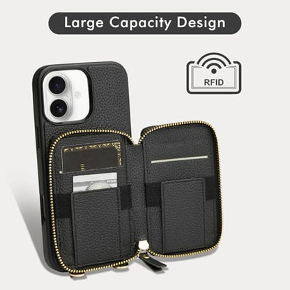 LAMEEKU for iPhone 17 Wallet Case with Strap, Crossbody Zipper Leather Case with Phone Grip 6.3 inch Black - color: Black, size: iPhone 17 6.3''