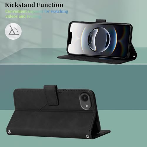 Flip Wallet Case for iPhone 17e/16e, Wrist Strap, Black | Embossed PU Leather, Detachable Wrist Strap, Card Slots, TPU Inner, Cash Pocket, Magnetic Closure, Stand, Precise Cutouts - color: Black