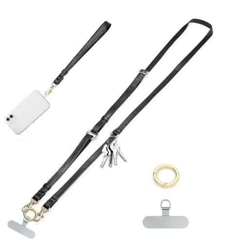 Clip and Go Phone Strap Crossbody Wrist 2 in 1 Leather Lanyard with Tether Hanging Loops Adjustable Anti-Theft Purse Replacement Handbag Long Thin Shoulder Neck Straps for All Phones Keys Bags Black - color: Black