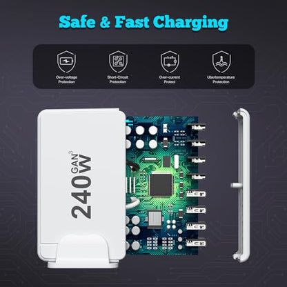 USB C Charger, 240W GaN 8 Port USB Fast Block, PD100W Multi-Port Charging Station, Power Adapter Plug for Samsung/iPhone/Google, Laptop Charger for MacBook Pro/Air - size: 240W-Sin