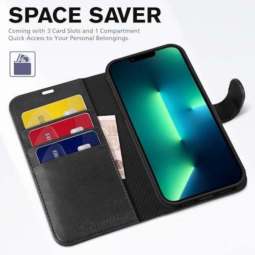 TUCCH Wallet Case for iPhone 13 Pro (6.1") 2021, 3 Card Holders, Black | RFID Blocking, Viewing Stand, Shockproof TPU Shell, PU Leather, Magnetic Closure, Protective Folio Flip Cover - color: Black