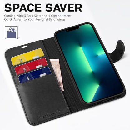 TUCCH Wallet Case for iPhone 13 Pro (6.1") 2021, 3 Card Holders, Black | RFID Blocking, Viewing Stand, Shockproof TPU Shell, PU Leather, Magnetic Closure, Protective Folio Flip Cover - color: Black