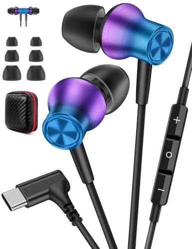 Jiunai USB C Wired Earbuds Right Angle Headphones with Mic Gradient Purple - color: Gradient Purple Blue