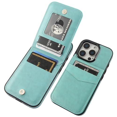 KIHUWEY for iPhone 16 Pro Wallet Case Card Holder Kickstand, Mint Green | Credit Card Slots, PU Leather, Magnetic Clasp, Flip Heavy Duty Protection Cover for Men and Women - color: Mint Green