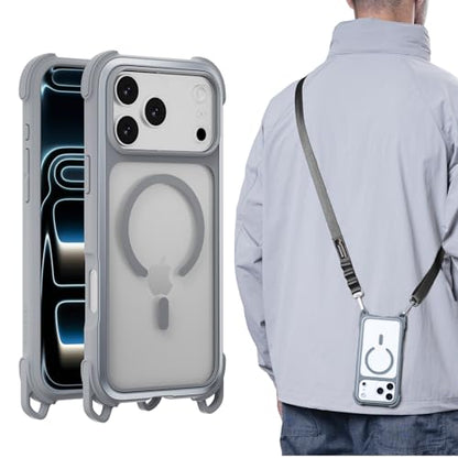 MAGEASY Odyssey MagSafe Crossbody iPhone Case with Strap for iPhone 17 Pro Max 6.9", 20ft Drop Protection, TPU Leather Shoulder Phone Carrying Case with Adjustable Lanyard (Mist) - color: Mist, size: iPhone 17 Pro Max