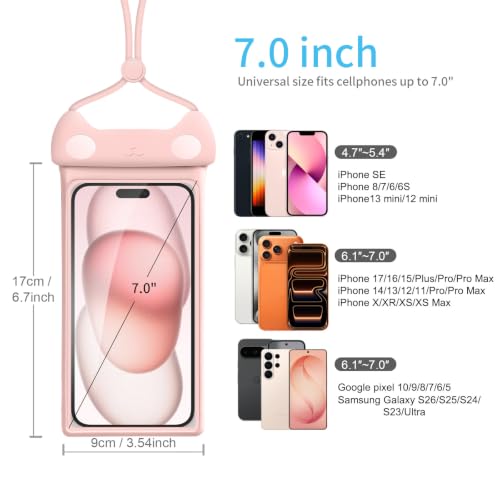 wellhouse 3D Waterproof Phone Pouch with Lanyard,Premium TPU100FT Deep Waterproof Phone Case for iPhone 17 16 15 14 13 12 Pro Max XS Samsung,Snorkeling, Surfing, Kayaking,Skiing,Hot Springs - color: 1 Pack - Kitten Pink7.0"